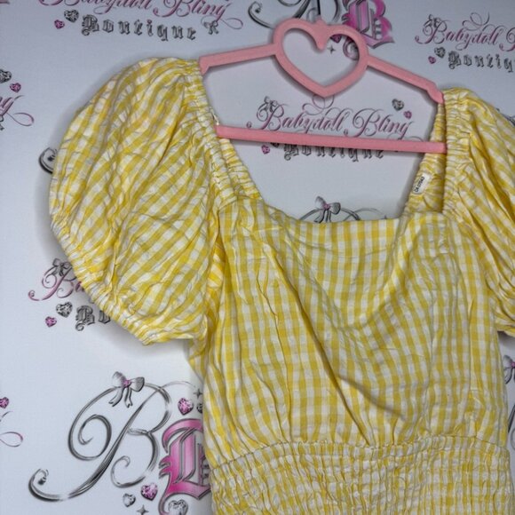 Sim & Sam top milkmaid gingham picnic yellow white tie up corset back stretchy - Picture 9 of 9
